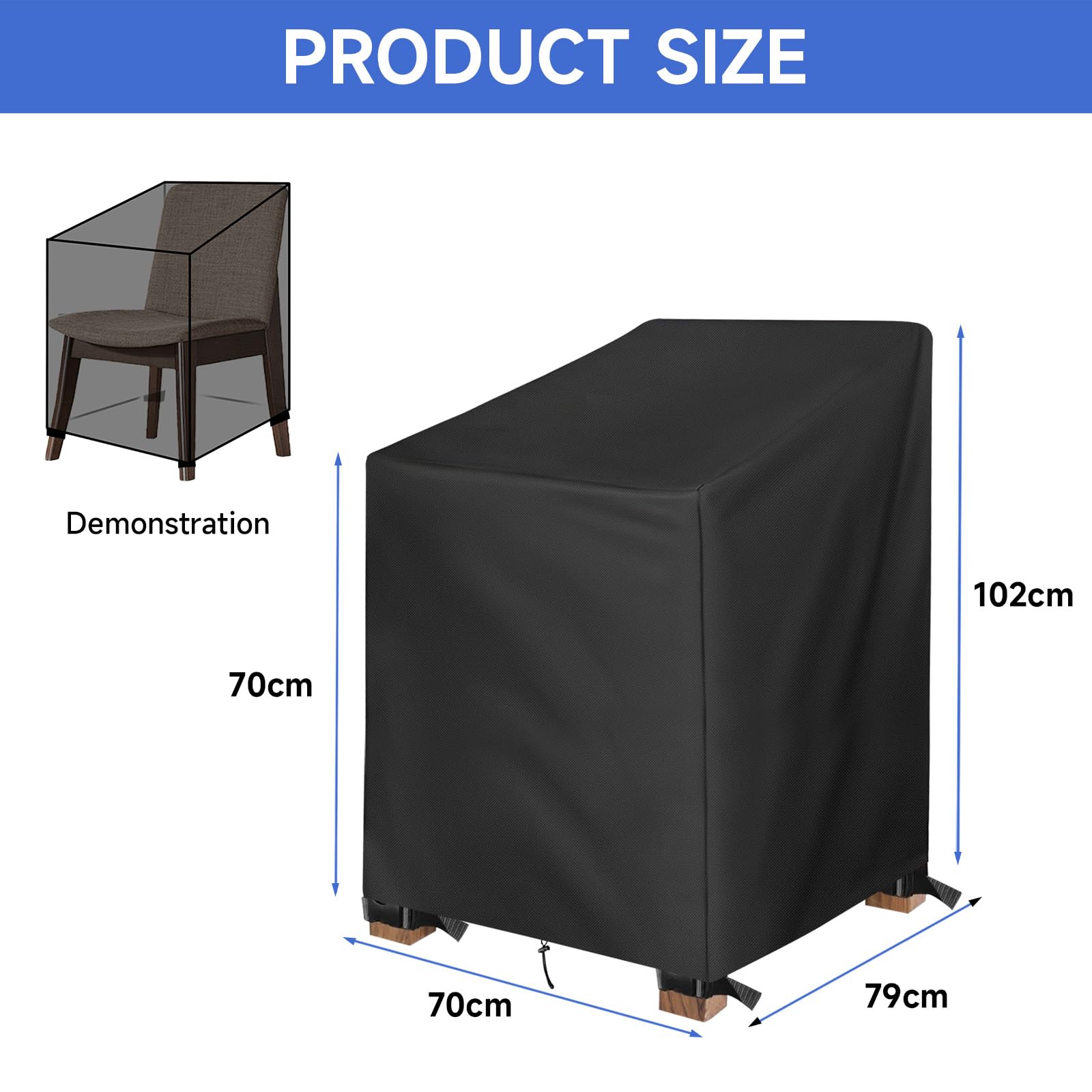 Copertura per sedia da giardino con ampio sorriso per patio impilabile impermeabile 420D tessuto Oxford copertura protettiva per sedie impilabili anti-UV 70 x 79 x 101/70 cm, nero