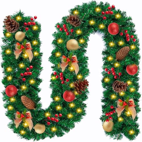 ZPQAODI Guirnalda de Navidad Verde,2,7M Guirnalda Decorada,Guirnalda Verde Navidad Artificial,con 50Luces LED y Colgante Rojo Bolas, Abeto Artificial Guirnalda de Ratán,para decoración del hogar