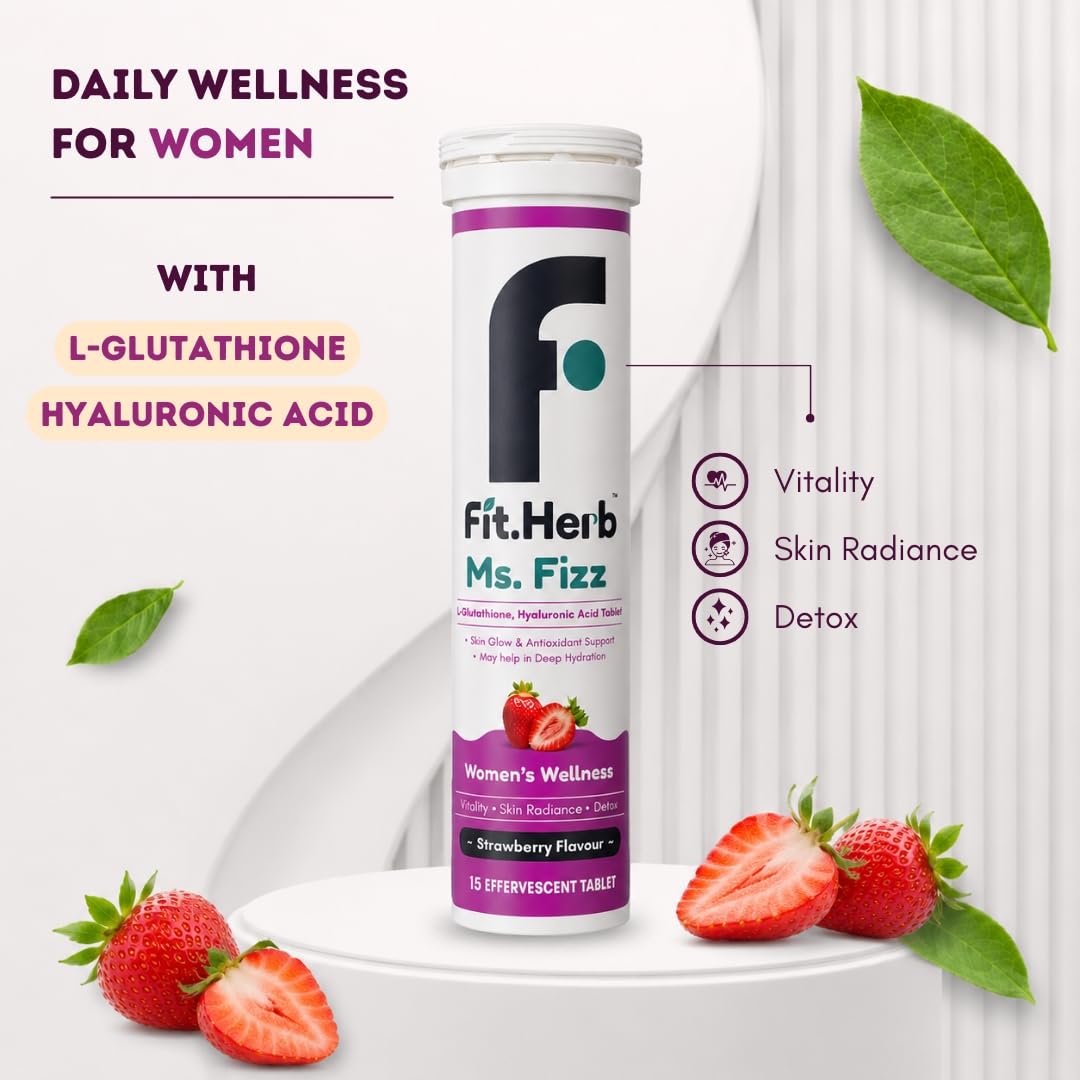 Fit.Herb Ms. Fizz Women's Wellness L-Glutathione & Hyaluronic Acid Effervescent Tablets | Strawberry Flavour | Skin Hydration & Antioxidant Support