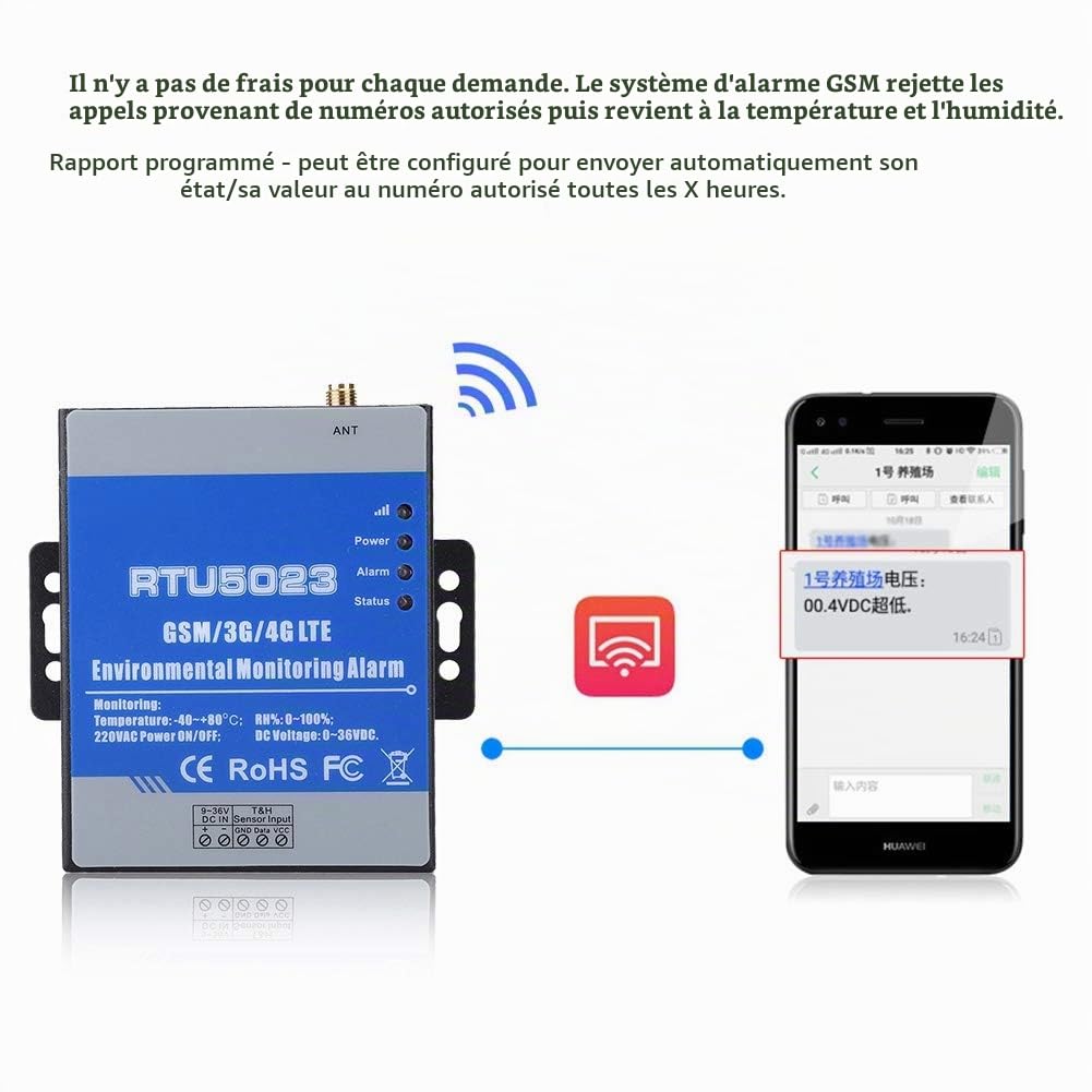 Sonew Alarme de Moniteur d'humidité de la température GSM Système d'alarme sans Fil RTU5023 pour la température, l'humidité et la Tension, télécommande SMS/Appel téléphonique(Moi)