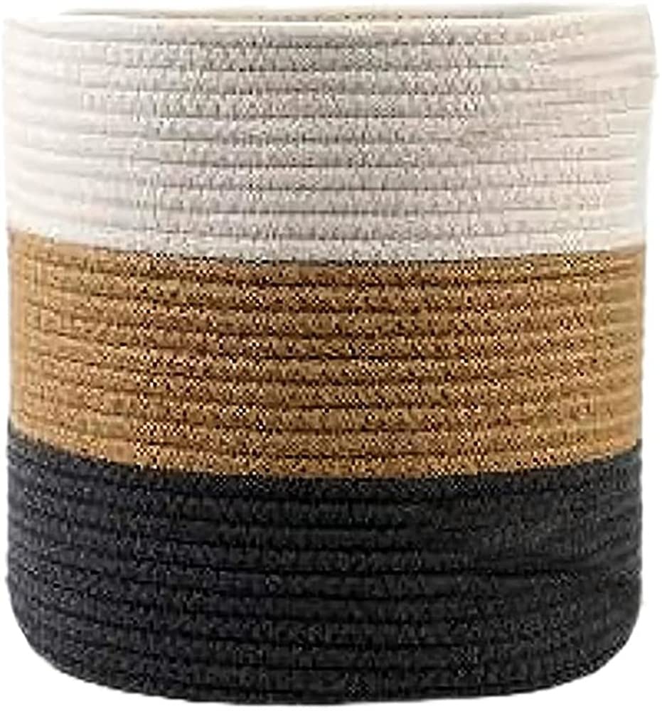 AFEBOOWoven Cotton Rope Plant Basket for Flower Pot Indoor Planters, Foldable Storage Basket Organizer Modern Decor Household Laundry Basket (Jute Black White,20x20)