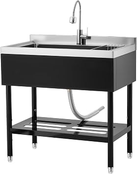 Stainless Steel Utility Sink, 36 x 20 x 35.5 Inch Freestanding Commercial Sink, Adjustable Leg with Hot and Cold Water Faucet, Hoses and Drain Kit, for Kitchen, Garage, Bathroom, Outdoor Use Black