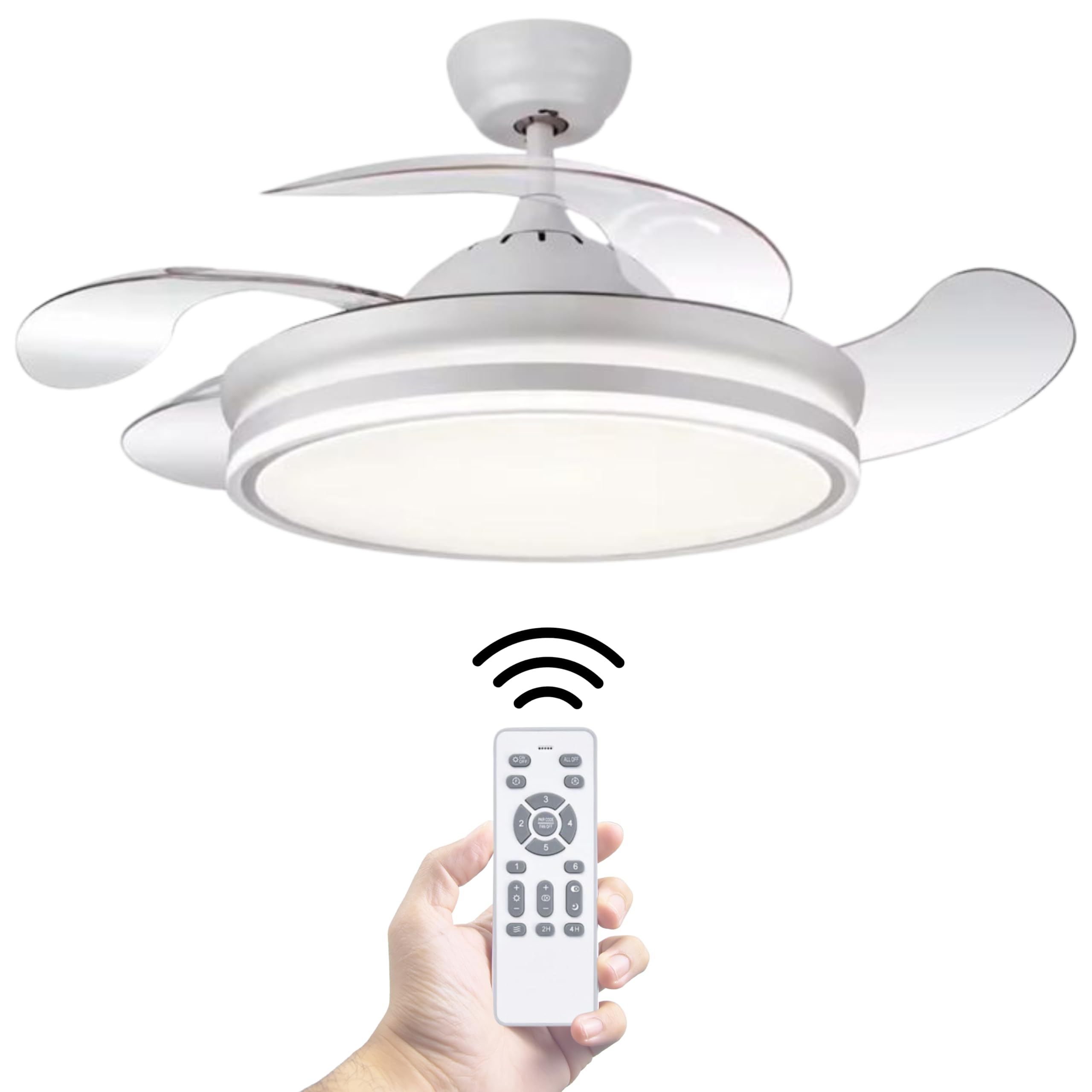 Ceiling Fan with LED Light 72W – Silent DC Motor – Retractable Blades – 6 Speeds, Warm, Day and Cold Light (3000K-6500K) – Timer – Ø109 cm, Remote Control Included