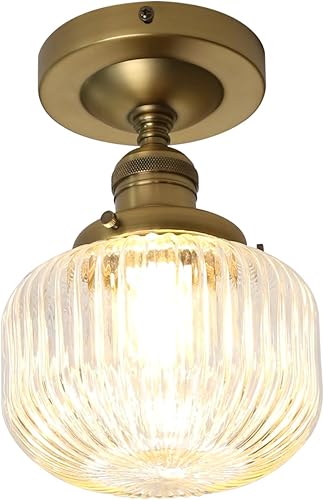 Miniatura 1 de JIMUBEAM Lámpara de techo industrial semiempotrada, pantalla de vidrio transparente a rayas, lámpara colgante de granja, cerca de techo para porche,