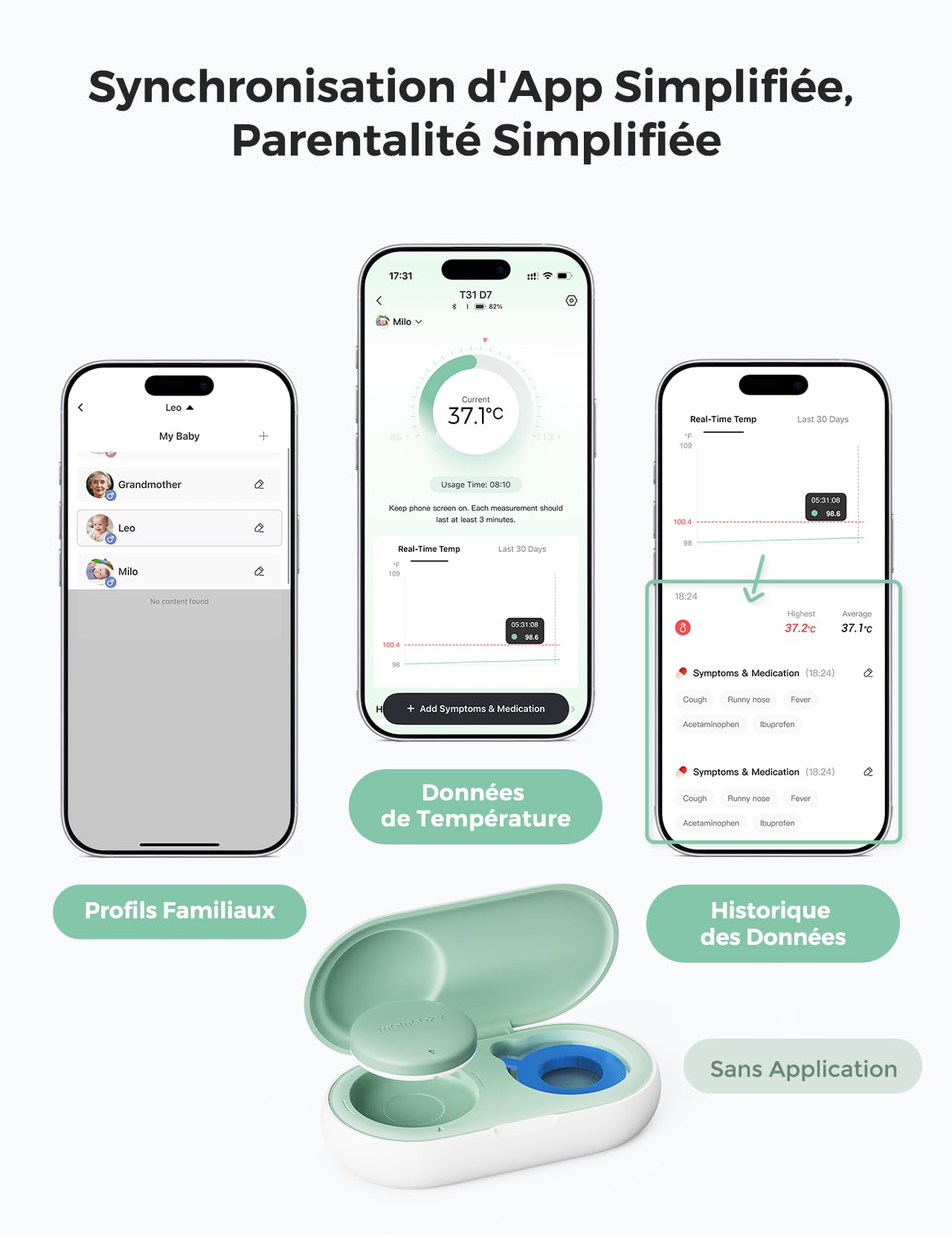 Thermomètre Numérique Portable Momcozy pour Bébé, Qualité Médicale, Lectures Instantanées, Suivi en Temps Réel via Application pour Nourrissons et Enfants, Bluetooth, Vert