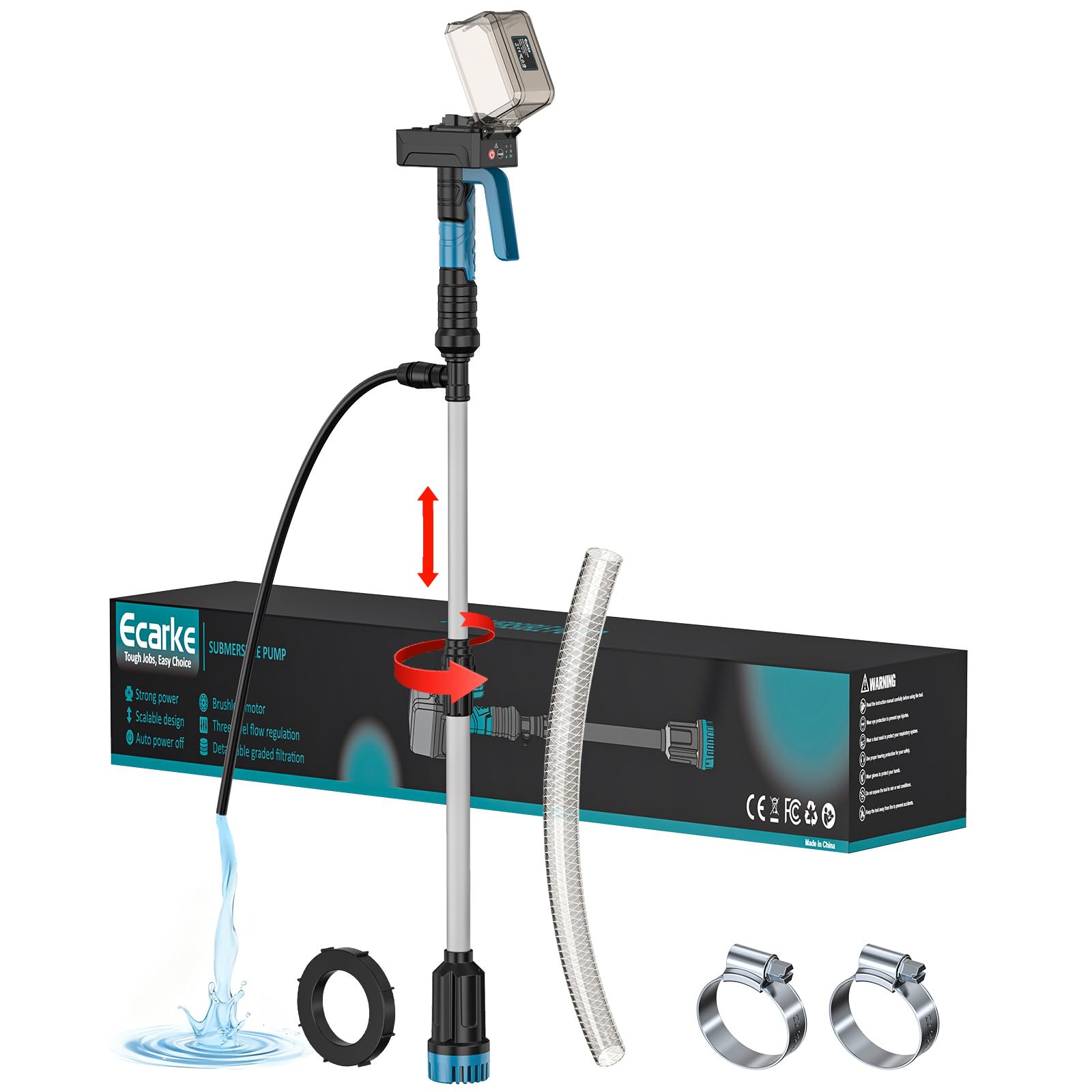Ecarke Akku-Regenfasspumpe kompatibel mit Makita 18V – Fördermenge 3000 L/h, 8 m Förderhöhe, Auto-Stopp, 3 Geschwindigkeitsstufen, ausziehbar & IP68 – Akku Wasserpumpe für Garten & Pool ((ohne Akku)