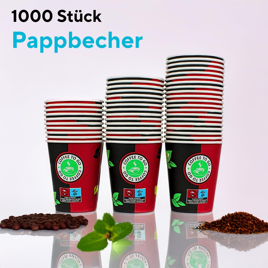 Enpack 1000 Schwarz/Rote Pappbecher 200 ml aus Kraftpapier - Kaffeebecher to go zum servieren von Tee, Kaffee, Glühwein oder anderen Getränken - Coffee To Go Becher