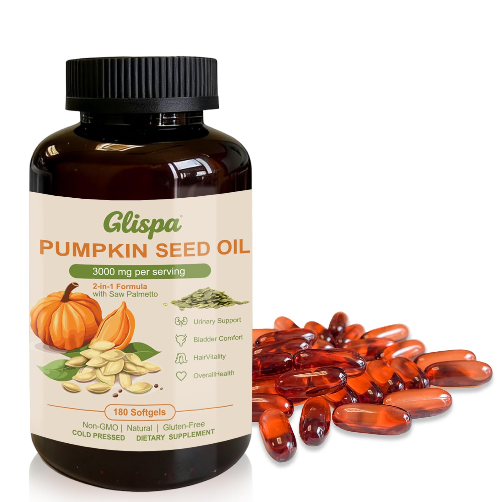 Glispa Suplemento de Óleo de Semente de Abóbora com Saw Palmetto 3000 mg, 180 cápsulas gelatinosas