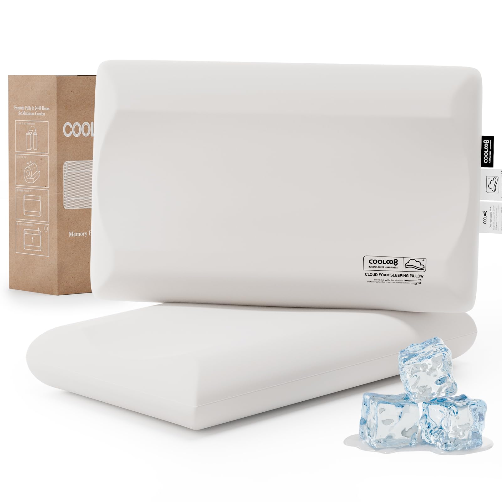 Memory Foam Pillows Queen Size Set of 2, Contour Cooling Cervical Pillow for Neck Pain Relief, Orthopedic Ergonomic Bed Pillow for Side, Back and Stomach Sleepers, Soft Cloudy Sleeping Pillows