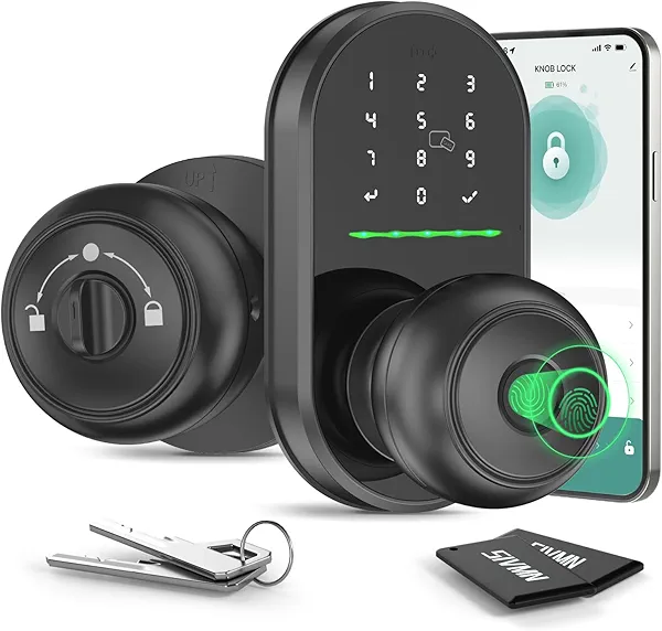 Keypad Smart Door Lock with Knob, Keyless Entry Door Lock, Fingerprint Door Knob for Front Door, Electronic Code, App Remote Control, Easy Installation, Auto Lock,Black