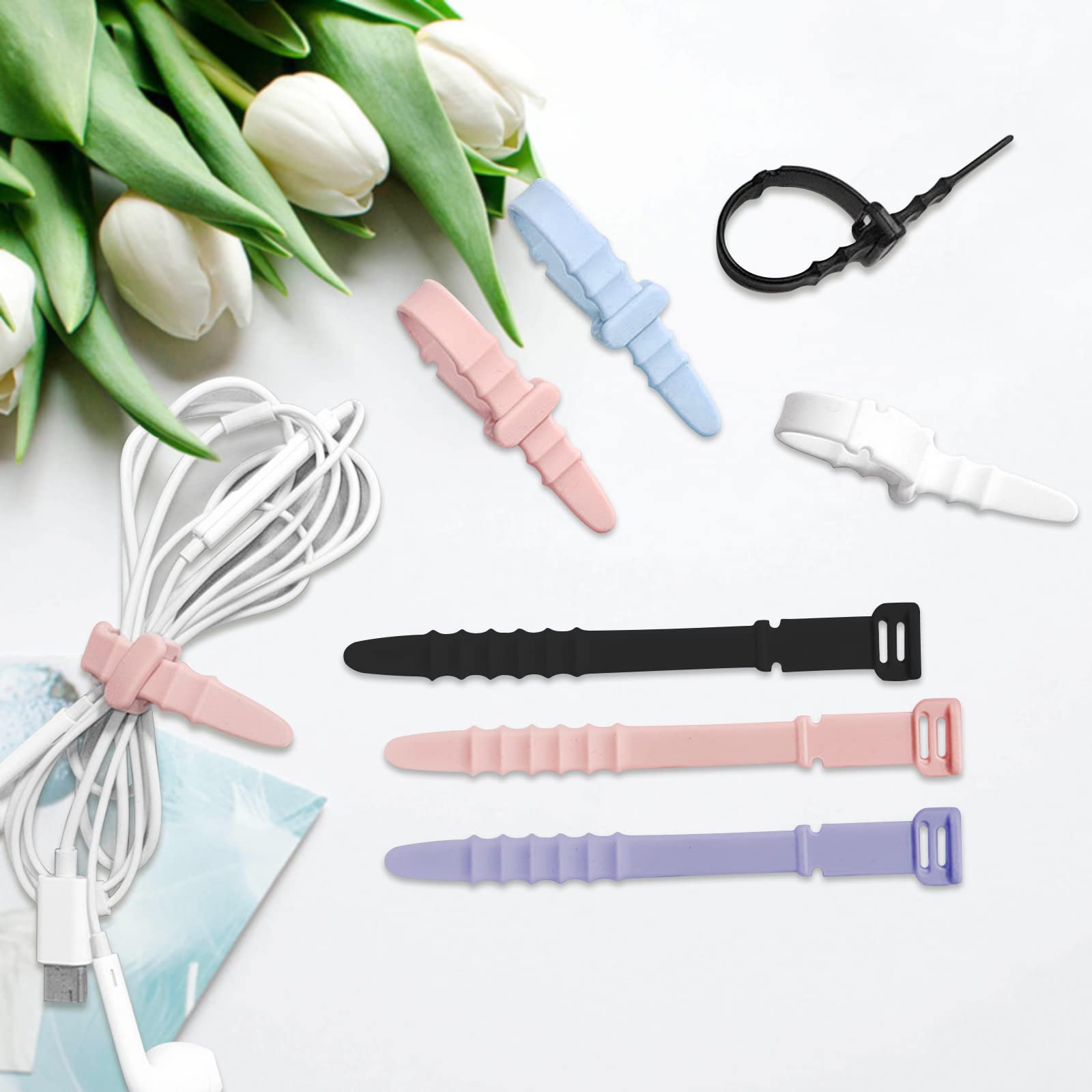 50 fascette in silicone riutilizzabili, fascette stringicavo in gomma per cavi, organizer per casa, ufficio, tavolo, scrivania. Fascette da 11,4 cm in bianco, nero, rosa, viola e blu