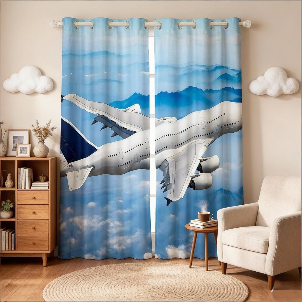 Loussiesd Aircraft Curtains for Bedroom Living Room 3D Airplane Print Curtains for Kids Boys Girls Aircraft Flying Windows Drapes Plane Airliner Room Decoration,W66*L72