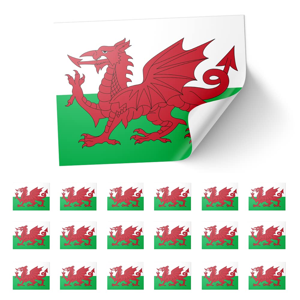 20 X Wales Stickers – Glossy Welsh Flag Decals 8.5cm x 5.5cm – Red Dragon Cymru Stickers for Laptops, Cars, Scrapbooks, and Crafts