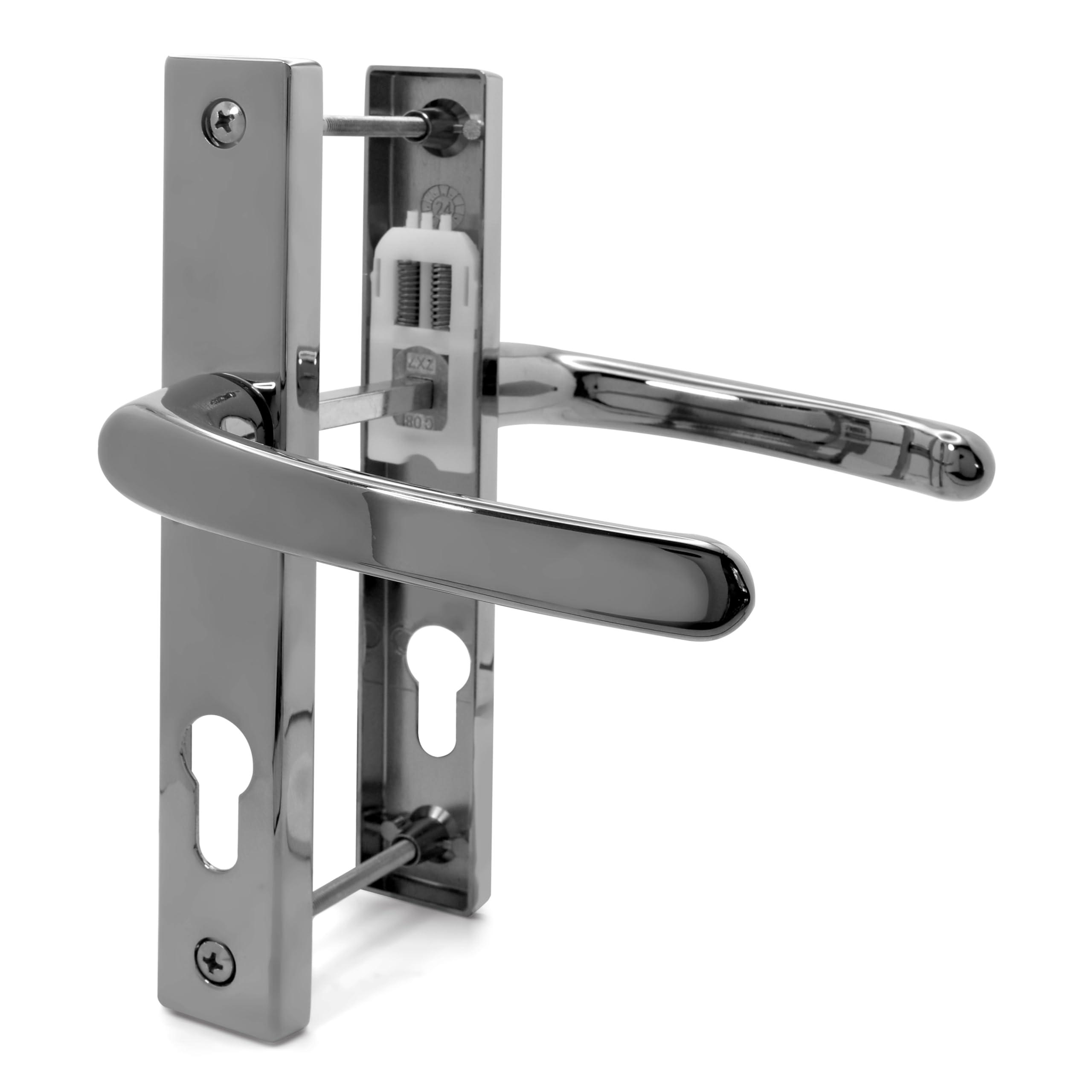 Tss Polished Chrome Upvc Door Handle Set, 70Mm Pz (Centres), 7Mm Spindle Width, Lever/Lever, Screw To Screw 180Mm With Backplate 210Mm X 32Mm - Replacement Pvc Door Handle (Polished Chrome)