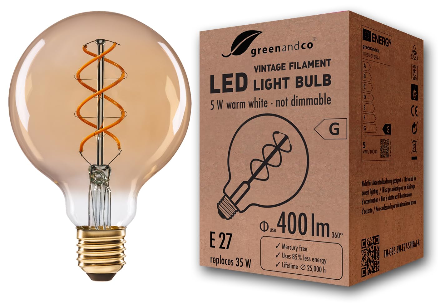 greenandco Vintage Glühfaden LED Lampe | gold | E27 G95 | 5W 400lm | 2000K extra warmweiß | 360° | 230V | flimmerfrei | nicht dimmbar
