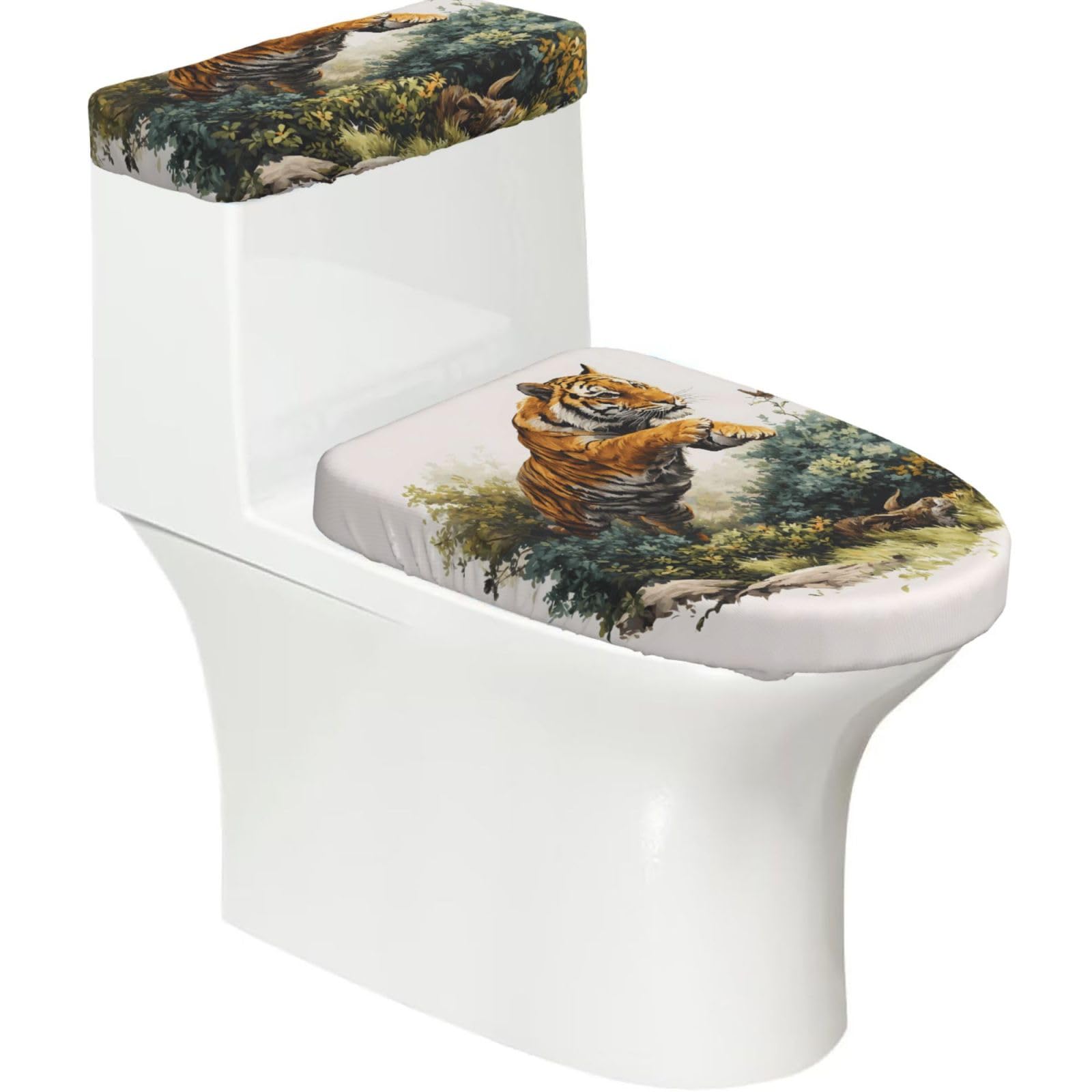 Jungle Beasts 2-Piece Toilet Seat Cover Set with Tank Lid - Elastic for U-Shape & Elongated - Bathroom Decor