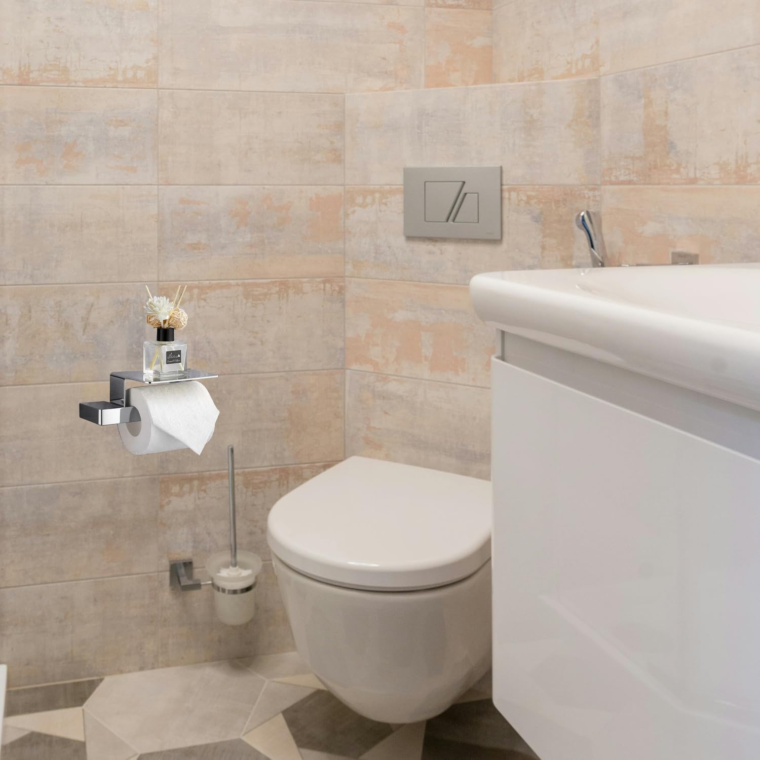 Portarotolo moderno da parete in acciaio inox SUS 304 con ripiano, porta rotolo di carta igienica cromato per mensola del telefono e design elegante