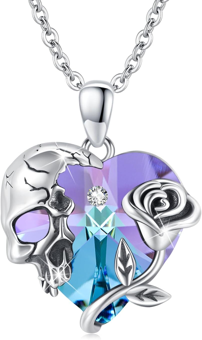 Skull Necklace Sterling Silver Gothic Heart Pendant Rose Birthstone Necklace Halloween Skull Jewelry Gift for Women Men