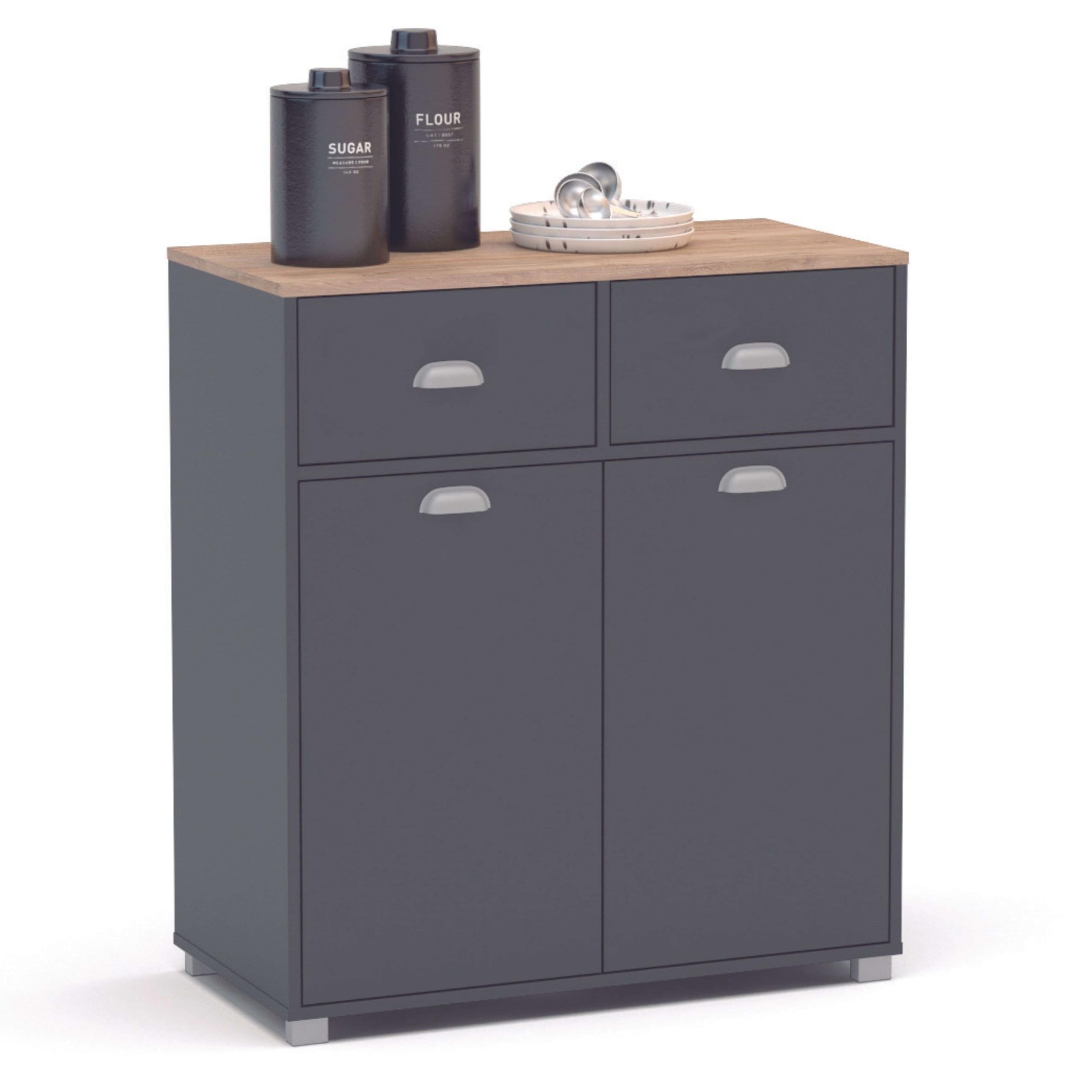 SZ Suarez Buffet Bajo Cocina Asfeld Gris Grafito 2 Puertas 2 Cajones Almacenaje Mueble Auxiliar 90x80x40 cm