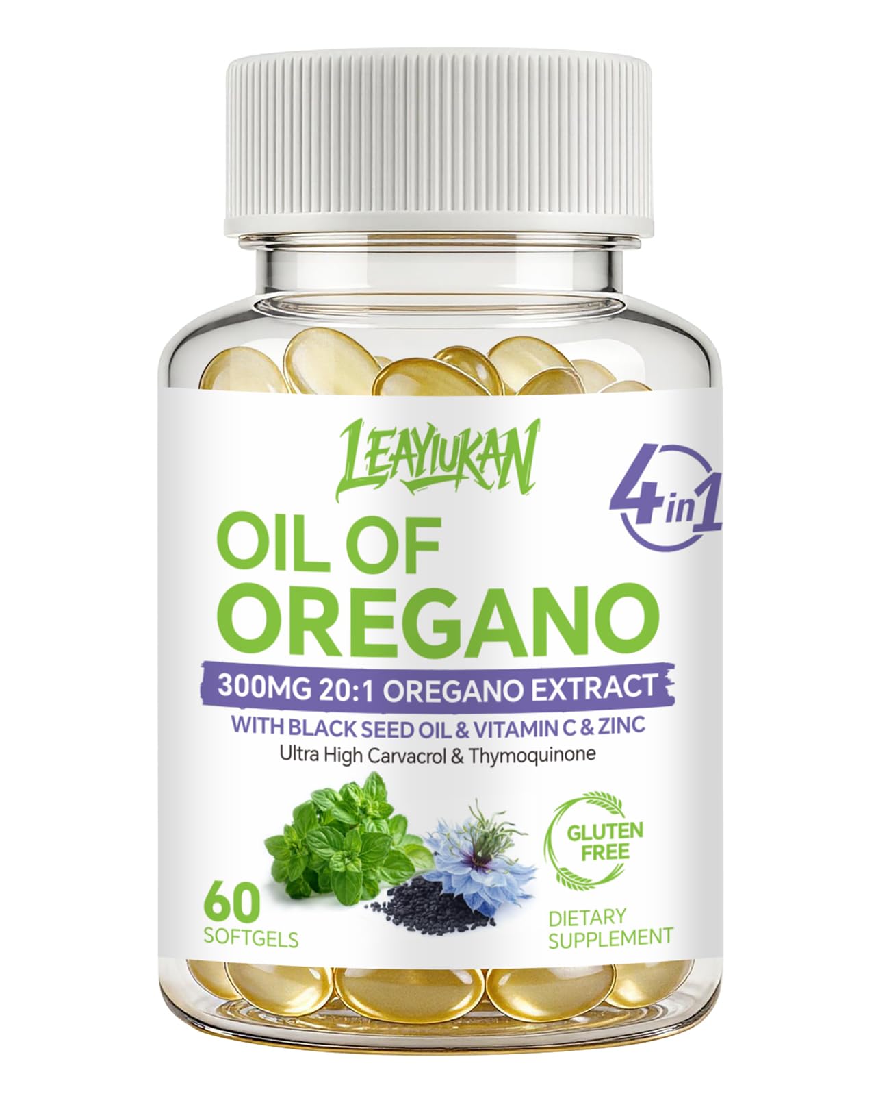 300mg Oil of Oregano with Black Seed Oil, Zinc, Vitamin C, 60 Softgels 60 Count (Pack of 1)