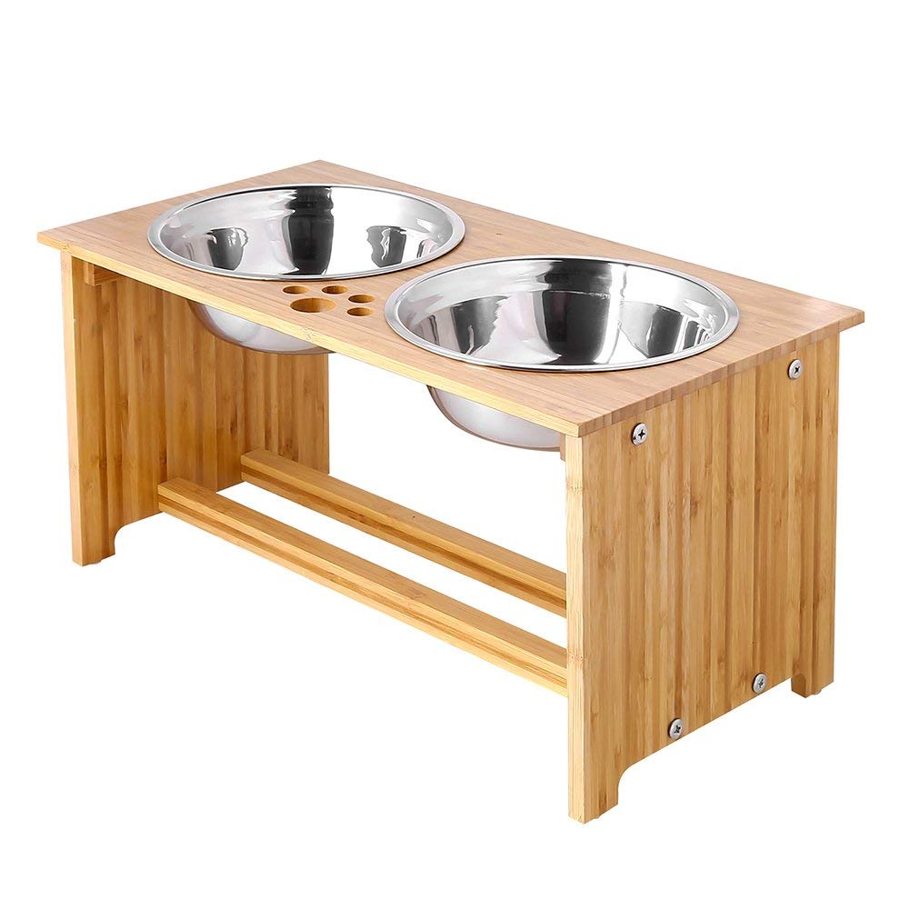 FOREYY Ciotole per cani alzate per cani e gatti Ciotole per cibo e ciotole per cani in bambù Elevated Stands Piatti per mangiatoie con 2 ciotole in acciaio inox e piedini antiscivolo (L)