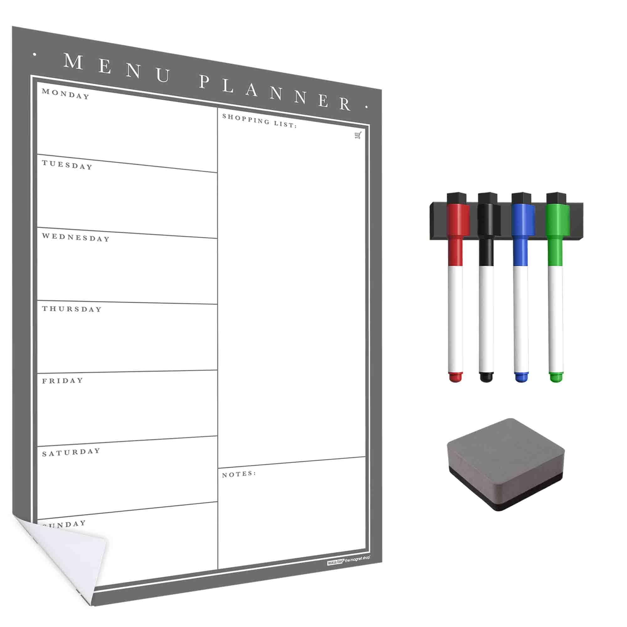 WallTAC Wall Meal Planner A2 | Weekly Organiser and Family Planner | Reusable, Removable and Re-Positionable Self-Adhesive Whiteboard Menu (Classic Grey, A2) โ image 1