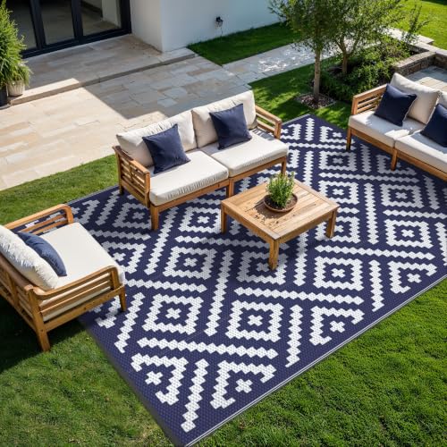 Image of GENIMO Outdoor Rug, Waterproof Plastic Rugs 9'x12' for Camping Blue White | Outside Larger Modern Carpet Mat for Porch Decor, Deck, Balcony, Camping, RV, Backyard, Picnic, Beach, Reversible, Foldable