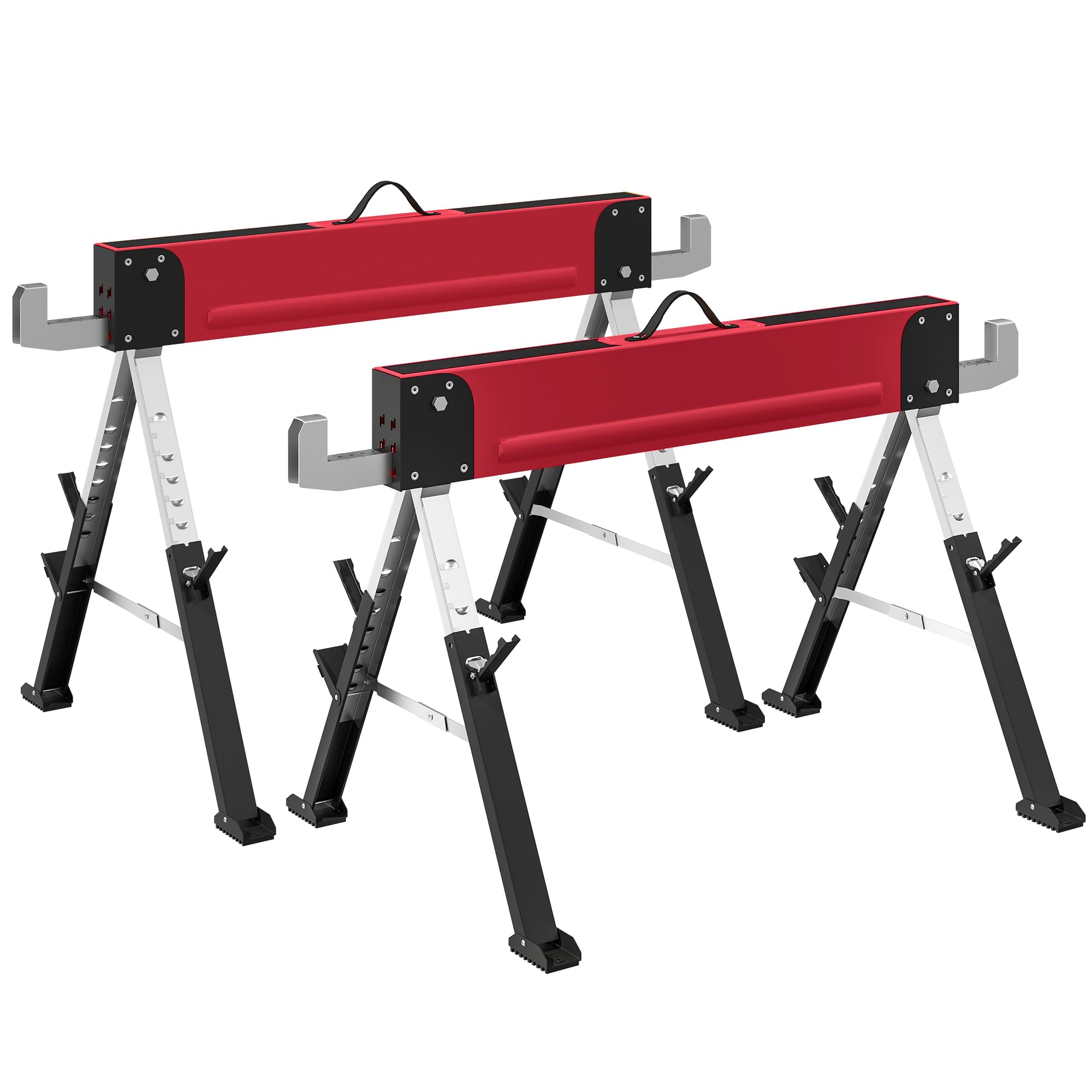 HOMCOM Arbeitsbock Gerüstbock 2er Set Höhenverstellbar 64-81 cm Rot | Belastbarkeit Bis 1160 kg, Klappbar, Sägebock, Metall, Unterstellbock Mit Griff, 7-Fach, Arbeitshöhe 640-810 mm