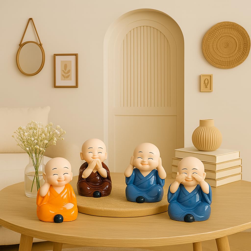 Little Baby Monk with Cute Pose for Decoration (Pack of 4, Multi-Coloured)
