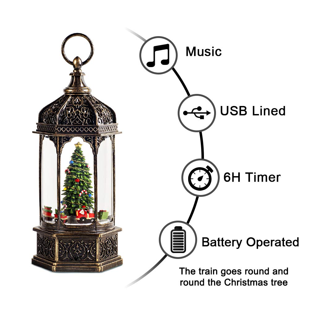 12.75'' Christmas Snow Globe, Santa Train Will Rotate Around The Christmas Tree with Musics Swirling Glitter Water Lantern Decoration for Home, Battery Operated or USB Powered