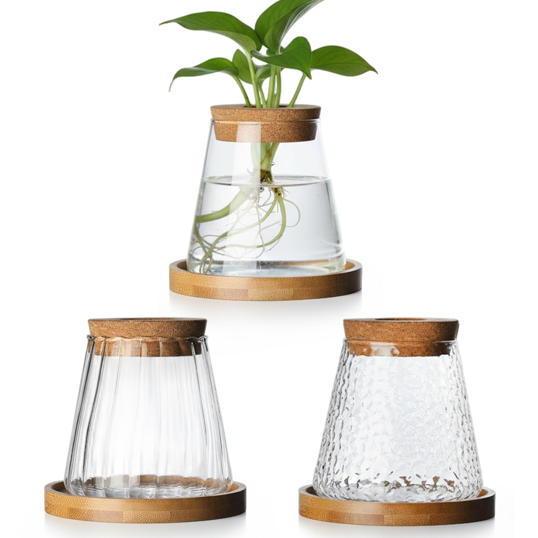 3pcs Propagation Station, Plant Propagation Vases with Cork Stoppers & Wooden Stands for Hydroponic Plants, Office Desk Decor, Terrarium Jar