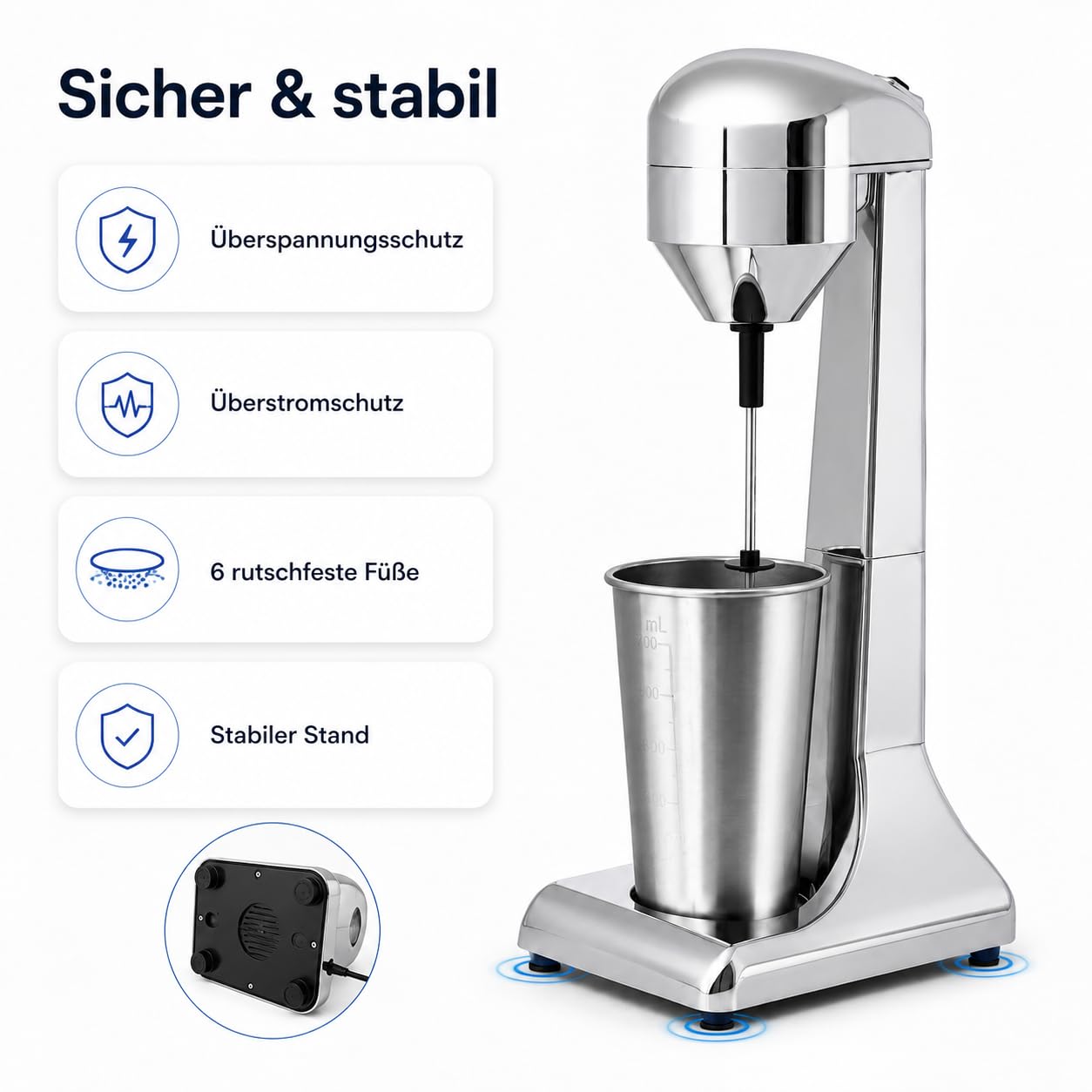 Frappe Mixer, Eiweiß Shaker Elektrisch mit 2 Geschwindigkeitsstufen Standmixer mit 1 Becher, Edelstahl Milchshake Mixer für cremige Milkshakes, Eiweißshakes, Cocktails, Frappes oder Smoothies