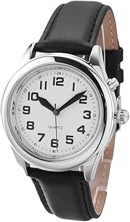 N/D Englis Talking Watches for Seniors Unisex Men Women Loud Sound for Visually Impaired Time-Day-Date Alarm Clock (Black Leather Watch Band, for Men)
