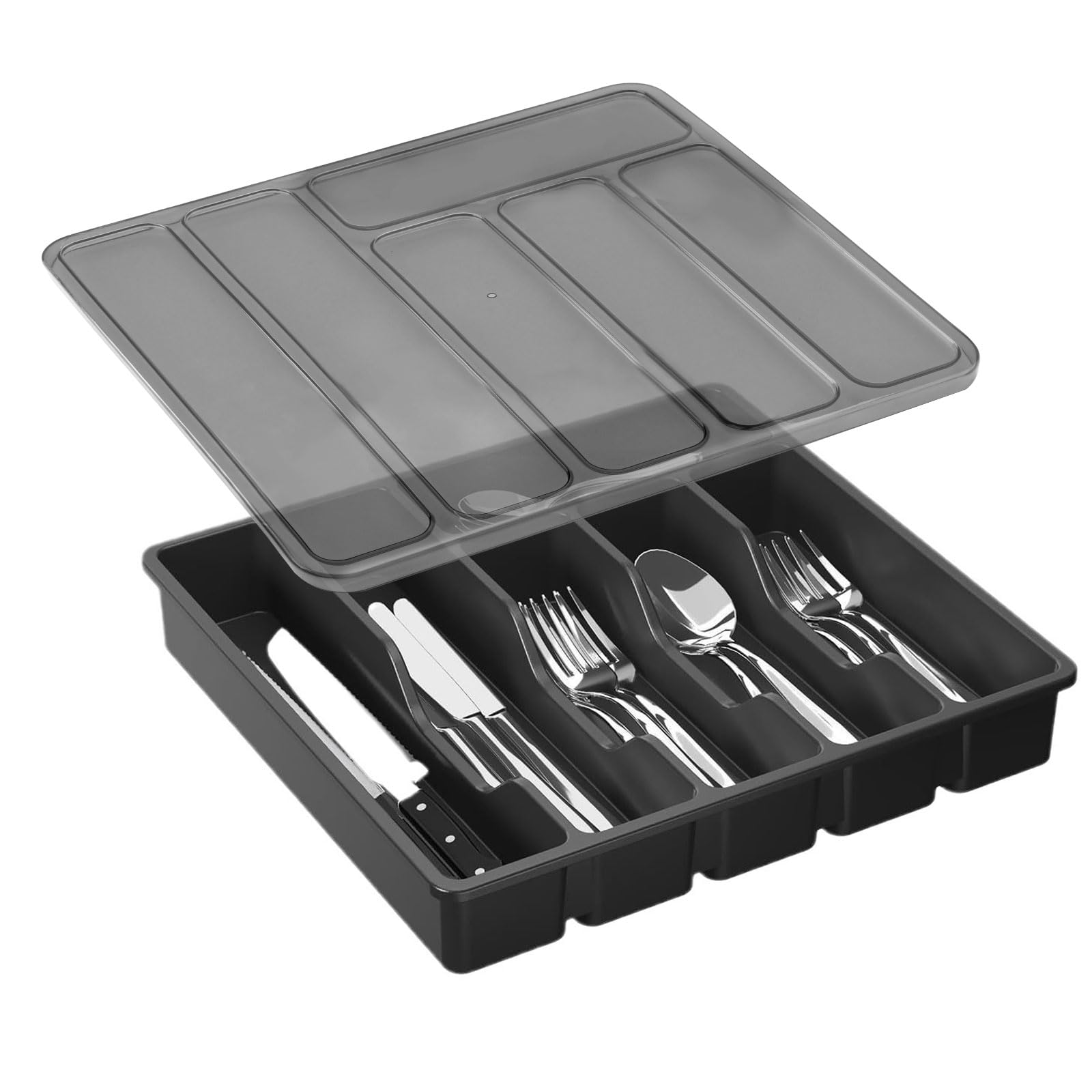Lifewit Portaposate con Coperchio, Contenitore Porta Posate da Cassetto per Cucina, Organizer in Plastica per Cassetto per Cucchiai, Forchette, Coltelli, 5 Scomparti, Nero