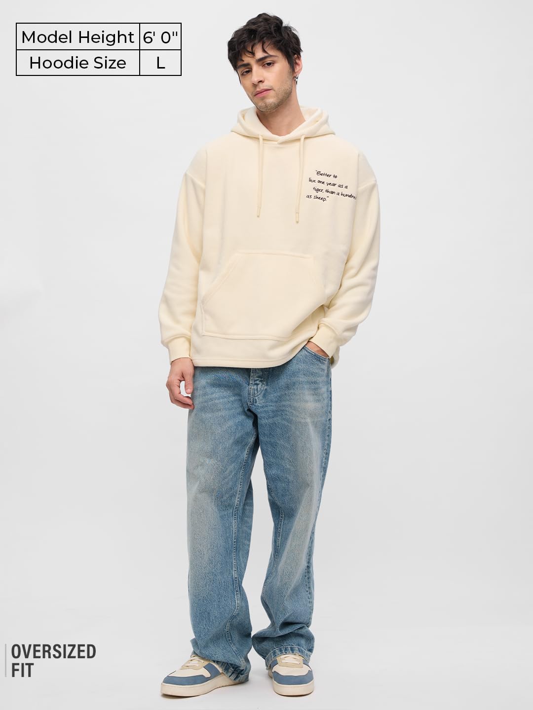 The Souled Store Sudadera con capucha de pana: Samurai Tiger para hombres y niños, manga larga, cuello con capucha, color blanco roto, estampado gráfico, poliéster, sudaderas de gran tamaño