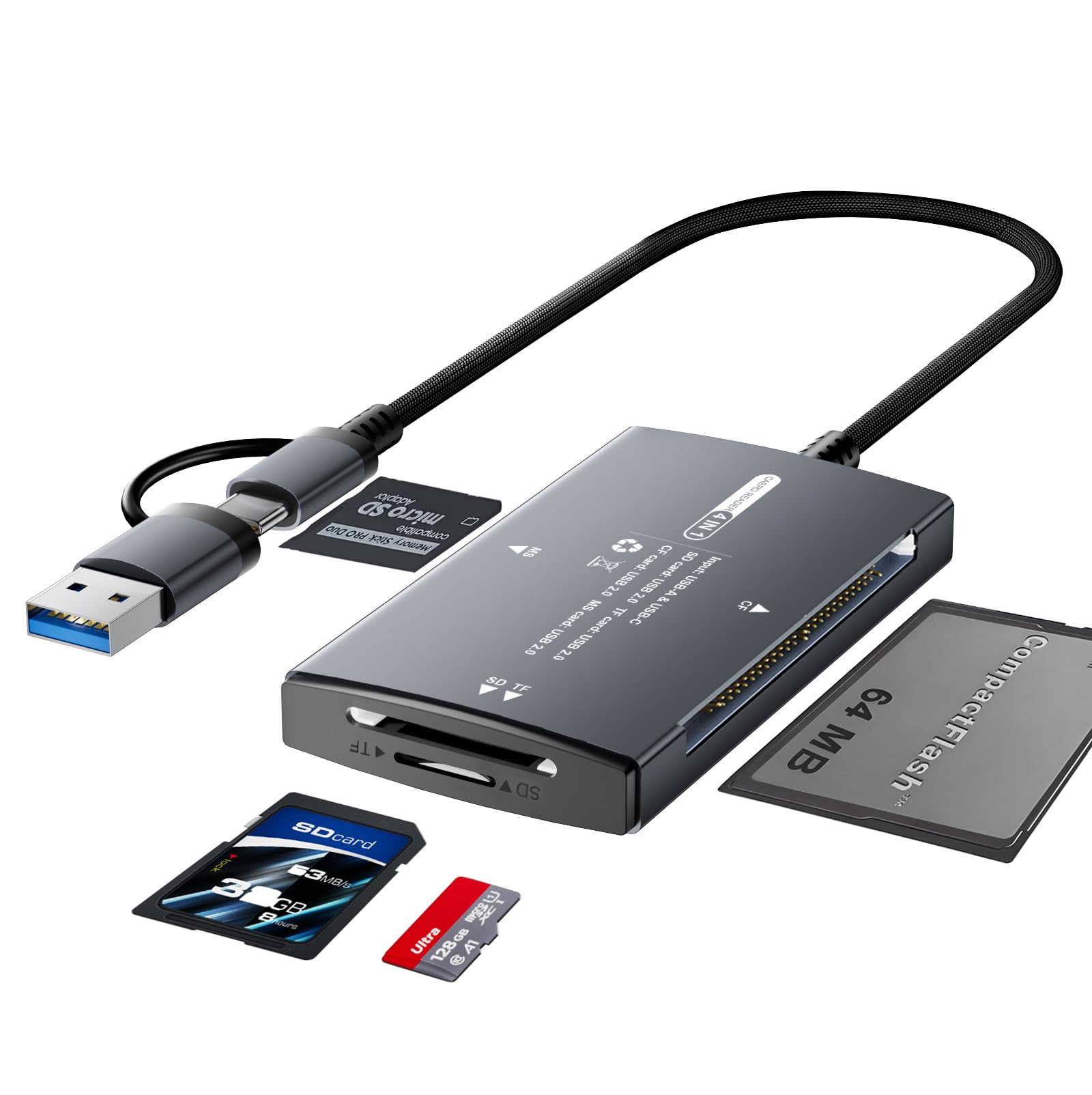 Dalimee SD Kartenleser USB C&USB, 4-in-1 Kartenlesegerät mit SD/TF/CF/MS, Plug-and-Play, bidirektionale Übertragung, USB&USB C Kartenleser für iPhone 15/16/17, Windows, Linux, Mac OS, Android, Geräte
