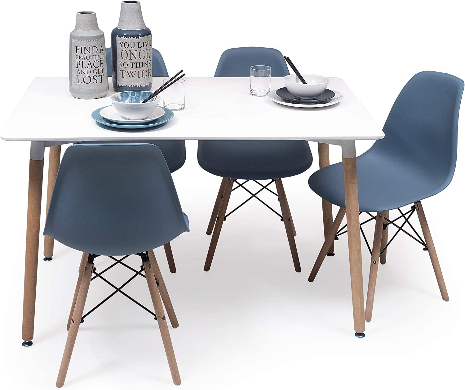 Homely - Mesa de Comedor o Cocina de diseño nórdico Tower, sobre de DM Lacado en Color Blanco, Patas de Madera, de 120x80x74 cm