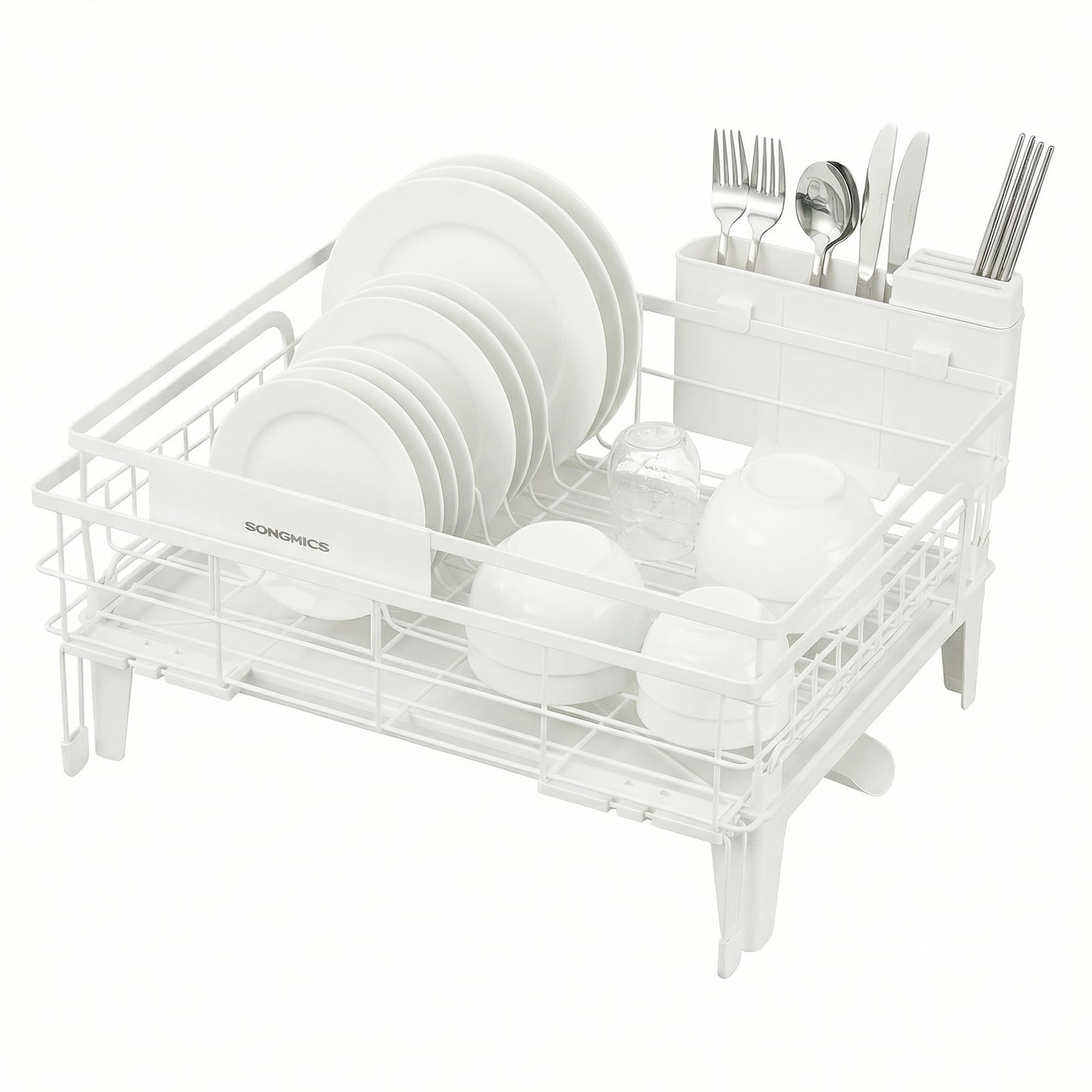 SONGMICS Dish Drying Rack, with Drainboard and Cutlery Holder, Matte White
