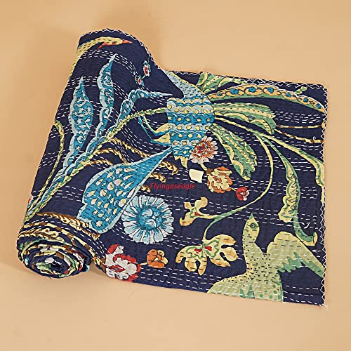 Flyingasedgle Indian Handmade Peacock Print Hippie Large Cotton Kantha Bedspread Indian Quilts Queen Gudri Bohemian Bedding Blanket Throw (Blue, Queen 90x108 Inches)