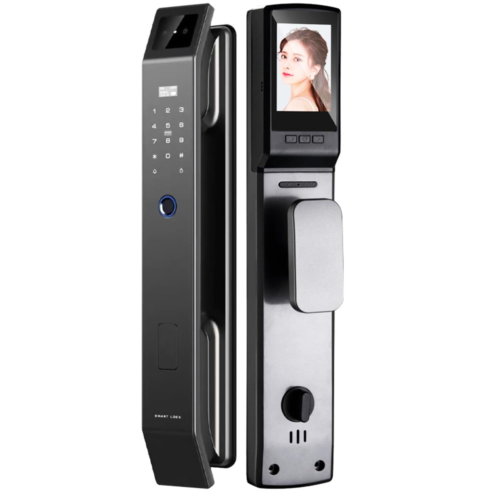 Cerradura inteligente para puerta delantera con cámara y pantalla interior - Cerradura de puerta con huella digital para timbre con video, huella digital, aplicación, códigos de acceso, tarjeta IC