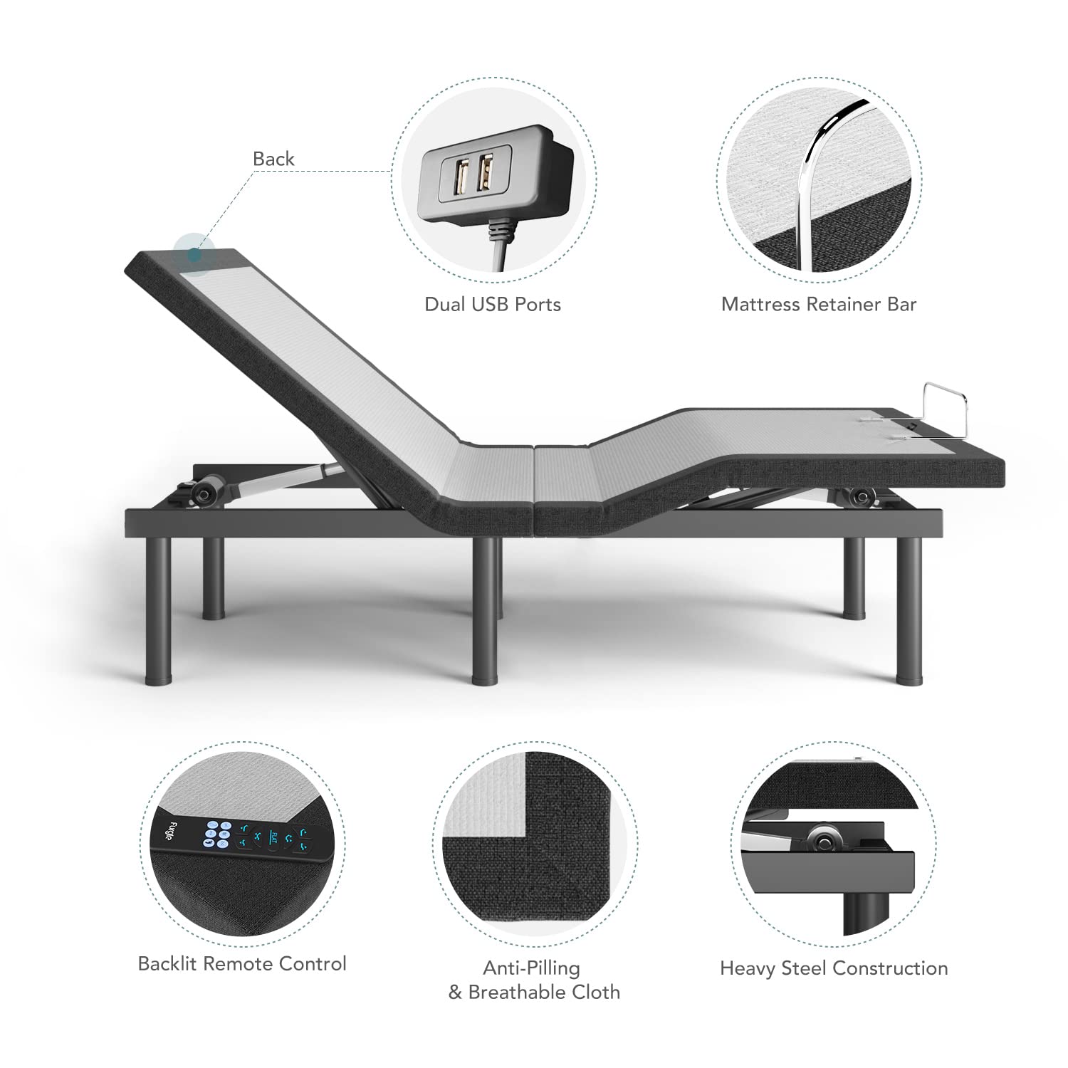 Furgle Adjustable Bed Frame, Adjustable Bed Base Split King for Stress