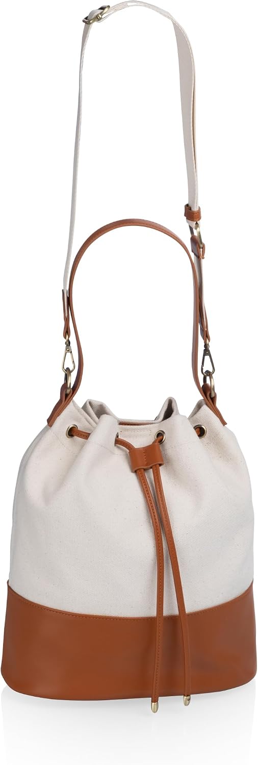 PICNIC TIME Sirolo Canvas & Leatherette Tote, Stylish Beach Tote Bag for Women, Drawstring & Interior Snap Closure for Outdoors, (Beige Canvas)