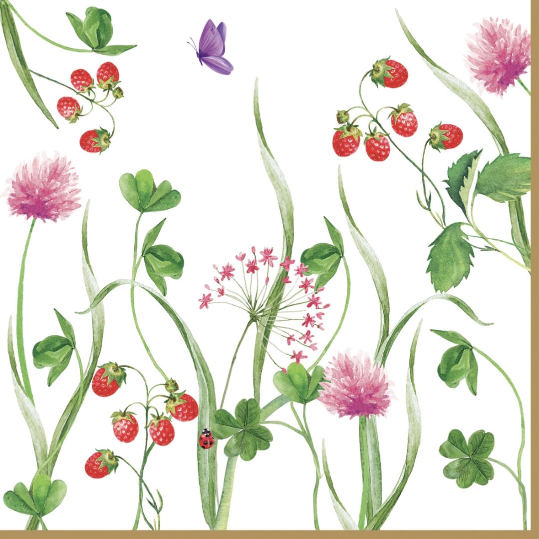 Lot de 20 serviettes en papier avec motif floral Plantes individuelles avec fraises Pour décoration de table Convient également pour le découpage et la technique des serviettes 33 x 33 cm