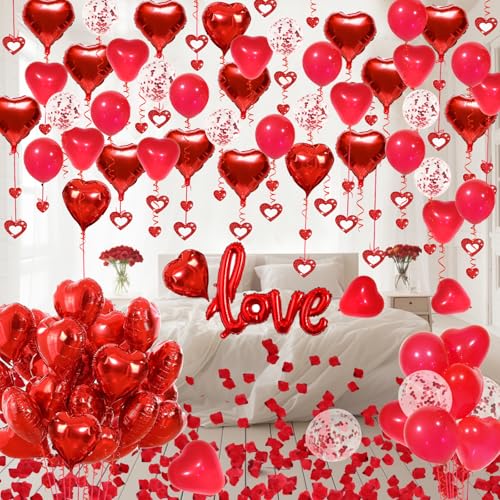 Image of Red Valentines Day Decorations with Red Heart Balloons and Love Balloon, Fake Rose Petals for Wedding Decor, Anniversary Decorations Romantic with red Latex Balloons and Heart Hanging Decor