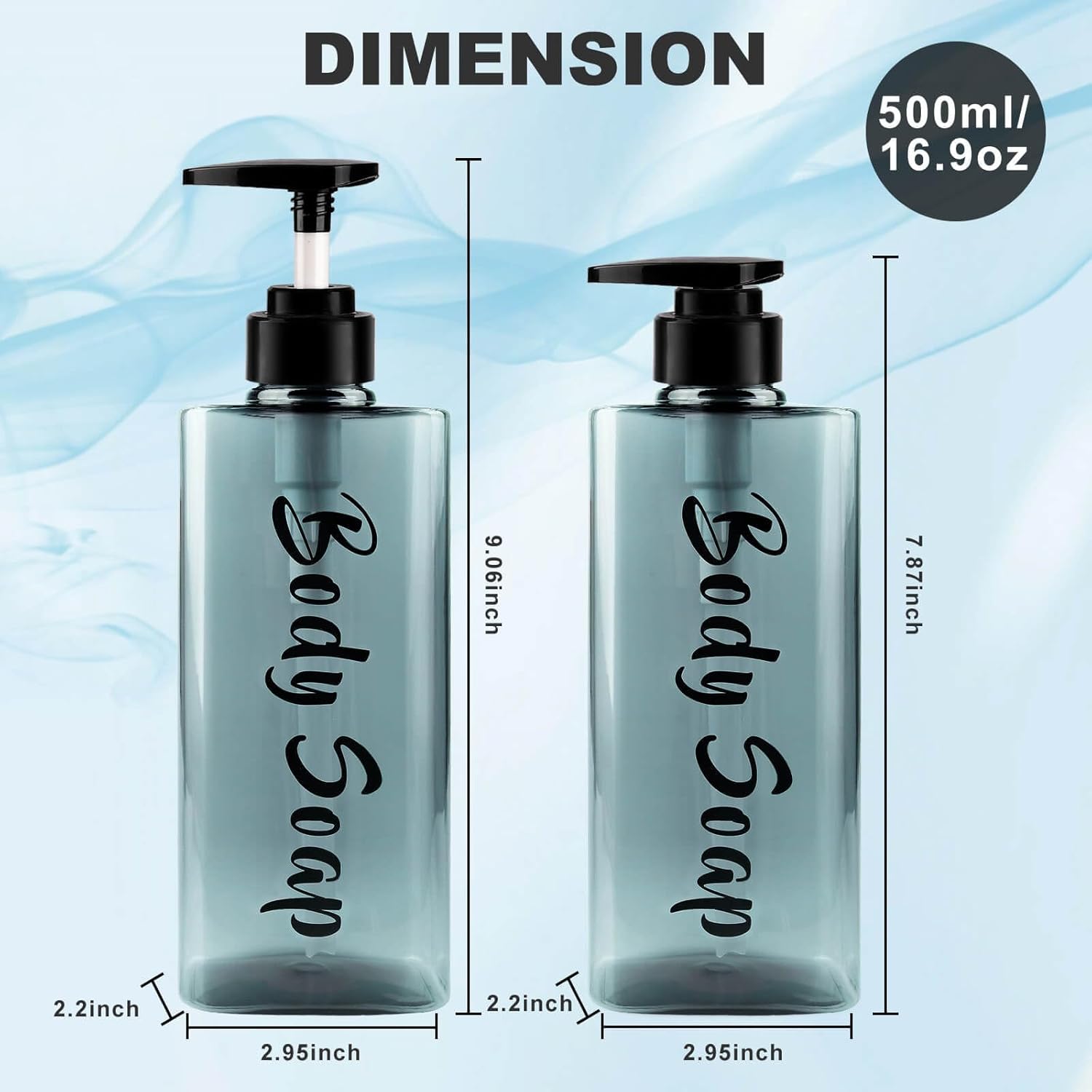 16.9oz Shampoo Dispenser for Shower (3 Pack) - Refillable Shampoo and Conditioner Bottles with Pump, Empty Clear Blue Plastic Body Wash Container Set, Printed Shower Soap Dispensers for Bathroom - Image 3