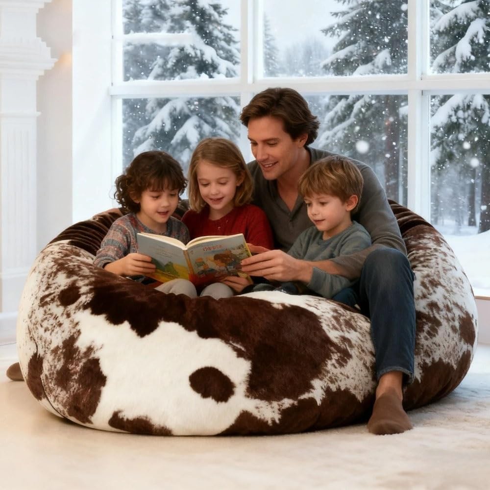 4/5ft Bean Bag Chair Winter Faux Fur Bean Bag Cover Without Filler Giant Bean Bag Chair for Adults and Kids Pouf Ottoman Bed Large Comfy Cozy Beanbag Floor Sofa(Snow Leopard,5ft-D150xH65cm-cover)