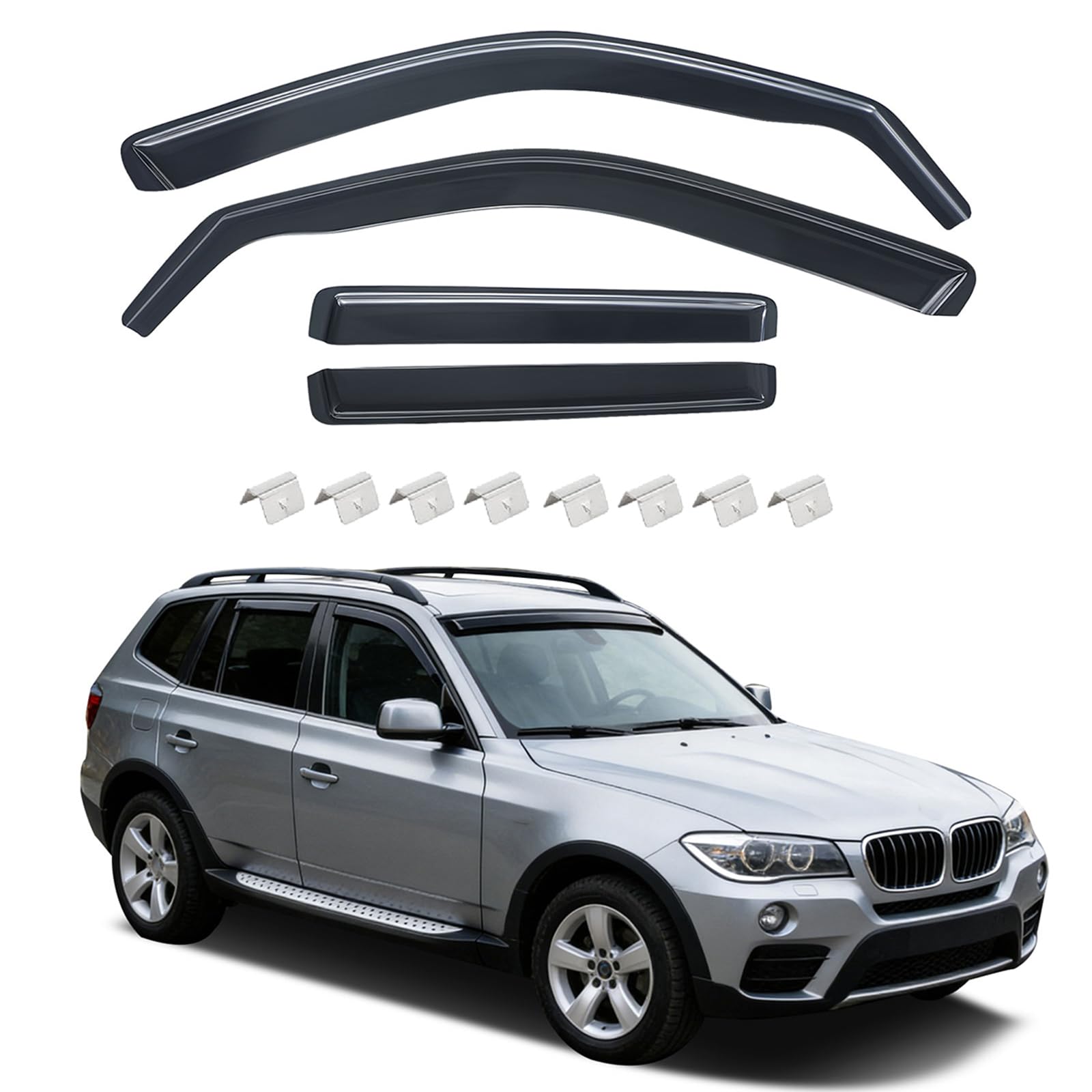 Windabweiser Regenabweiser kompatibel mit BMW X3 E83 2003-2010, Selbstklebend Tape-On Autofenster Regenschutz Regenabweiser Deflektoren, 4-TLG Set, Rauchgrau, Vorne,Aerodynamisch