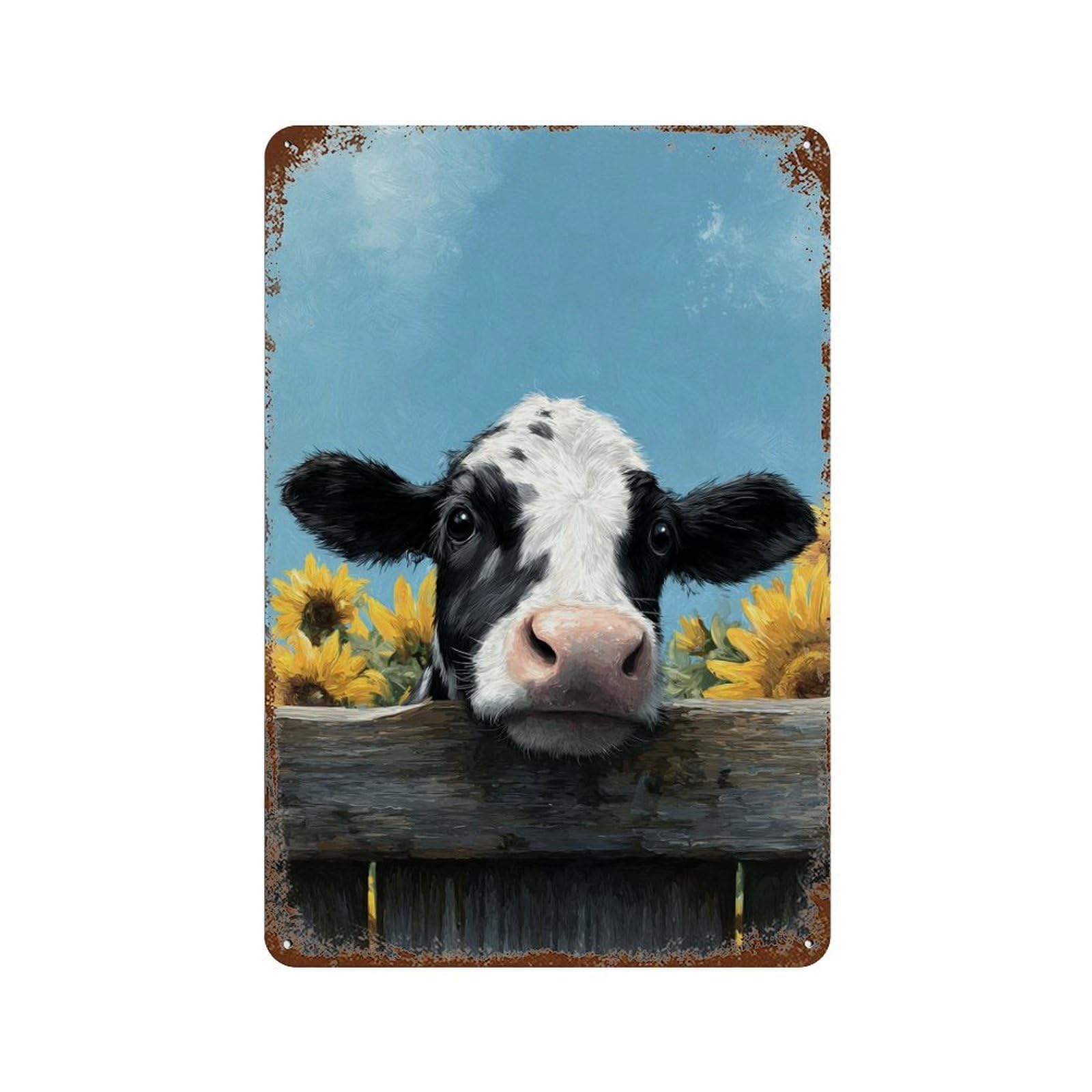 Rusty Metal Tin Sign with Cow Peeking Over Fence with Sunflowers Design 11.8"x7.9", for Farmhouse, Kitchen And Entryway Decor, Classic Wall Plaque