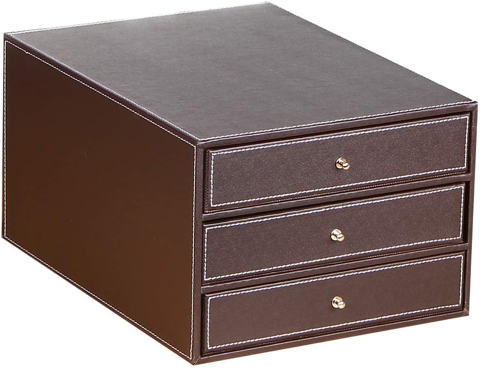 PUSU Desk Organizer with 3 Drawers PU Leather Office Supply Desktop Storage Box File Cabinet for Stationery/A4 Paper/Magazine/Book/Letter/Jewelry/Decorative display (Brown)