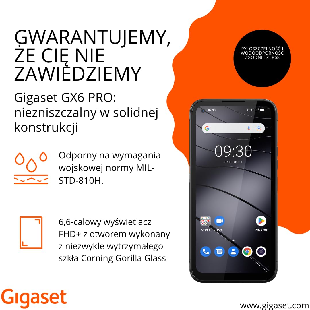 Smartfon Gigaset GX6 Pro wzmocniony, 5G, IP68, Tytanowy | FHD+ 6,6-calowy ekran, okulary Gorilla, MIL-STD-810H, 128GB+8GB RAM, 50MP